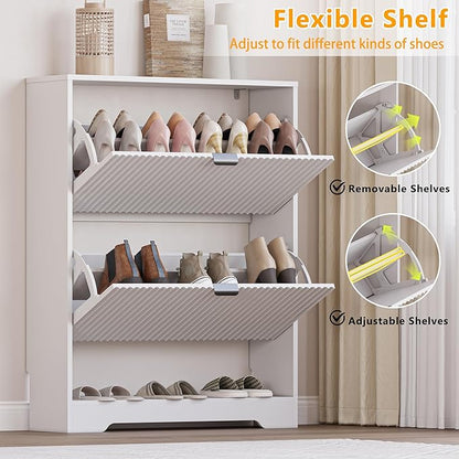 Shoe Cabinet with 2 Flip Drawers, Fluted Shoe Storage Cabinet with Adjustable Shelves, Freestanding Rack and Organizer for Entryway, Closet, Hallway