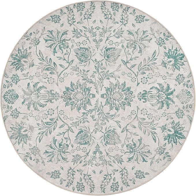 jinchan Classic Floral Round Rug 8ft Vintage-Inspired Design 8’Circle Rug Machine Washable Ultra-Thin Low-Pile Non-Slip Indoor Carpet for Bedroom Dining Room Living Room