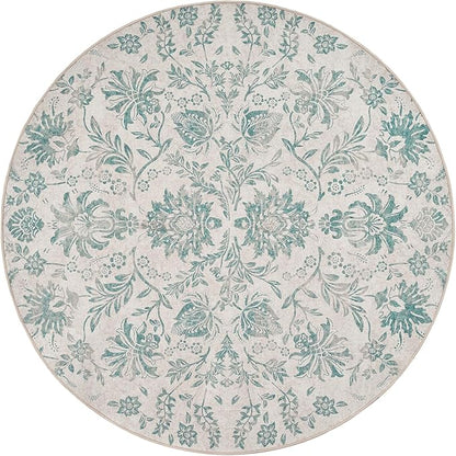 jinchan Classic Floral Round Rug 6ft Vintage-Inspired Design 6’Circle Rug Machine Washable Ultra-Thin Low-Pile Non-Slip Indoor Carpet for Bedroom Dining Room Living Room Entryway