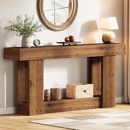 63-Inch Entryway Table, Farmhouse Solid Wood Console Table with U-Shaped Base, 2-Tier Narrow Long Sofa Table Behind The Couch for Living Room, Hallway, Foyer, Entrance, Rustic Brown