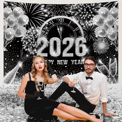 MEHOFOND 8x6ft Black and Silver 2026 Happy New Year Backdrop Hello 2026 New Year Eve Party Photography Background Champagne Balloon Fireworks Glitter Dots Cheers to 2026 Decor Banner Photo Booth Props