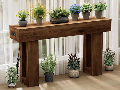 63 Inch Long Console Table w/Outlets & USB Ports, Narrow Rectangular Sofa Table Behind The Couch, Farmhouse Entryway Table for Entrance, Hallway, Living Room(Brown with Outlet)