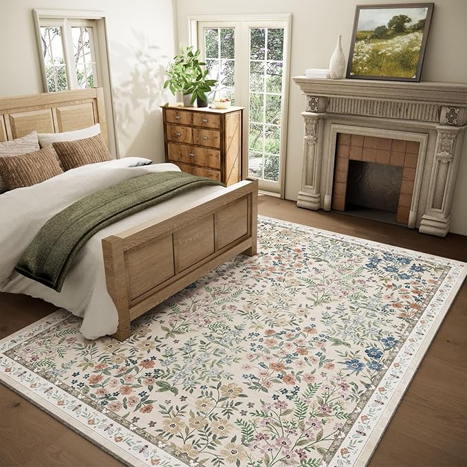 Machine Washable Rugs for Living Room: 5x7 Area Rugs for Bedroom Vintage Stain Resistant Non Slip Low Pile Soft Carpet Rug for Kitchen Dining Room Farmhouse Kids Room Nursery