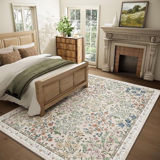 Machine Washable Rugs for Living Room: 5x7 Area Rugs for Bedroom Vintage Stain Resistant Non Slip Low Pile Soft Carpet Rug for Kitchen Dining Room Farmhouse Kids Room Nursery