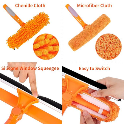Window Washing Kit with Extension Pole, 73’’ Window Cleaning Squeegee Kit, 3 in 1 Window Cleaning Kit with 2 Microfiber Pads & 2 Chenille Pads for Indoor Outdoor Windows