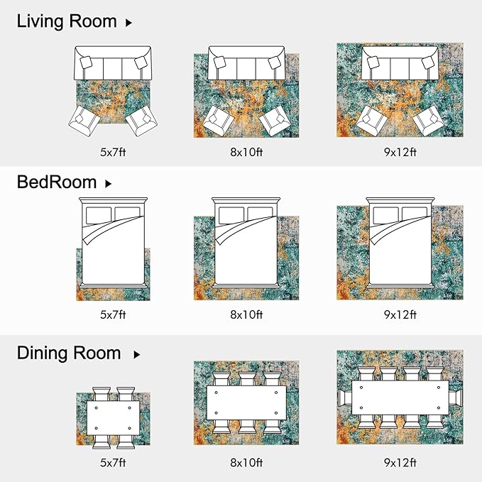 AUKOW 9x12 Area Rug for Living Room - Washable Rugs Modern Abstract Neutral Soft Rug for Bedroom Dining Room No Slip Low Pile Carpet for Nursery Home Office - Teal/Orange