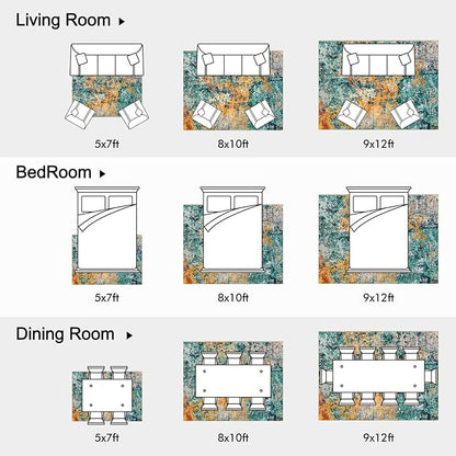 AUKOW 9x12 Area Rug for Living Room - Washable Rugs Modern Abstract Neutral Soft Rug for Bedroom Dining Room No Slip Low Pile Carpet for Nursery Home Office - Teal/Orange
