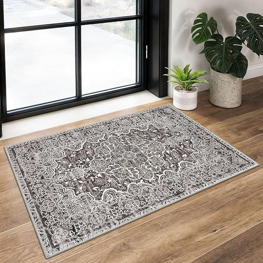 KUTA Vintage Small Area Rug 2x3 Tan Grey Washable Vintage Entryway Rugs Non-Slip Ultra Soft Floral Doormat Printed Retro Distressed Carpet Accent Farmhouse Kitchen Throw