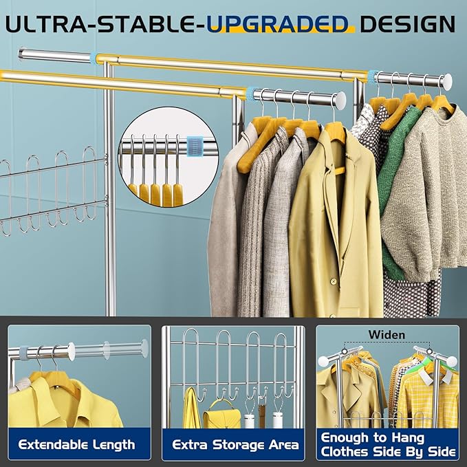 Heavy Duty Clothes Rack Up to 980 LBS, 100% Stainless Steel Rolling Clothing Rack with 2 Tier Shelves, Double Rod Garment Racks for Hanging Clothing, Extendable Rolling Clothes Rack with Wheels