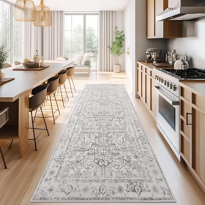 jinchan Kitchen Runner Rug 3x10 - Vintage Floral Machine Washable Non-Slip Hallway Runner Rug with Rubber Backing Ultra-Thin Carpet for Bedroom Laundry Room Farmhouse (3x10ft,Taupe)