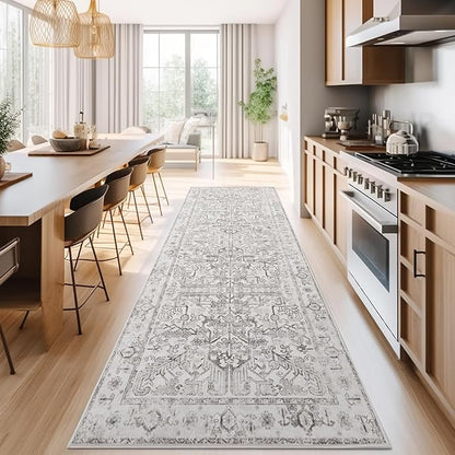 jinchan Hallway Runner Rug 3x10 Washable - Vintage Floral Non Slip Low-Pile Soft Ultra-Thin Faux Wool Kitchen Rug Distressed Carpet Runner for Farmhouse Bedroom Laundry (3x10ft,Taupe)