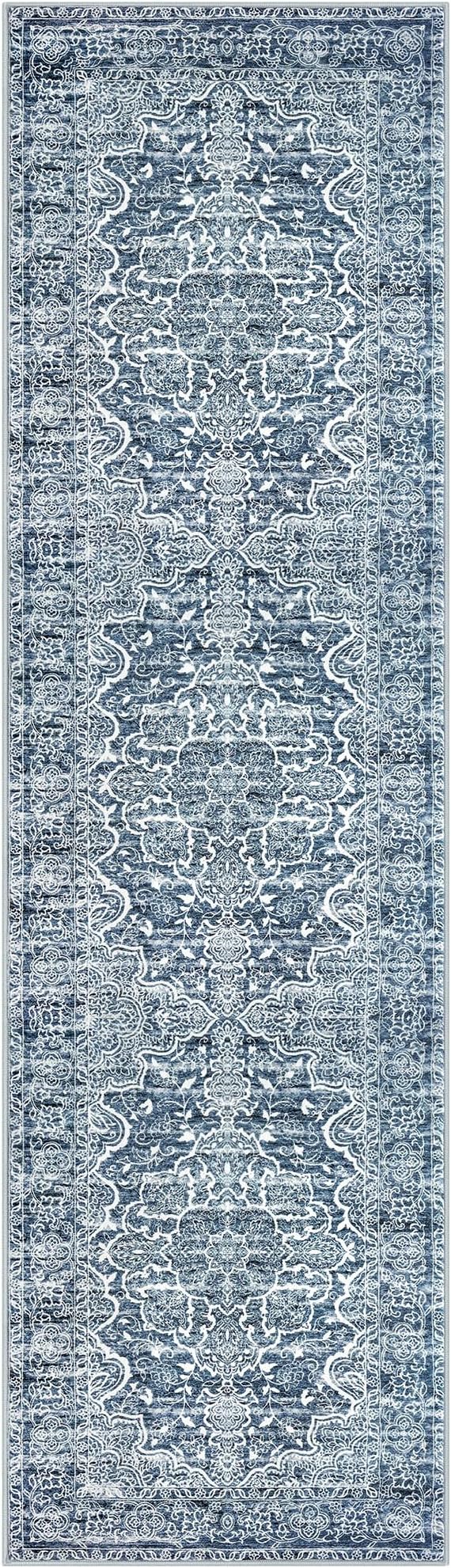 KUTA Vintage Runners for Hallways 2.6x10 Non-Slip, Blue White Washable Kitchen Rug Ultra Soft Printed Distressed Traditional Medallion Floor Carpet for Bedroom Living Room
