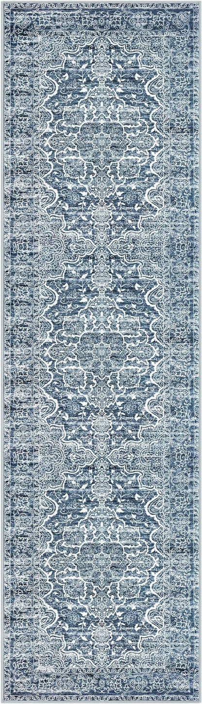 KUTA Vintage Runners for Hallways 2.6x10 Non-Slip, Blue White Washable Kitchen Rug Ultra Soft Printed Distressed Traditional Medallion Floor Carpet for Bedroom Living Room