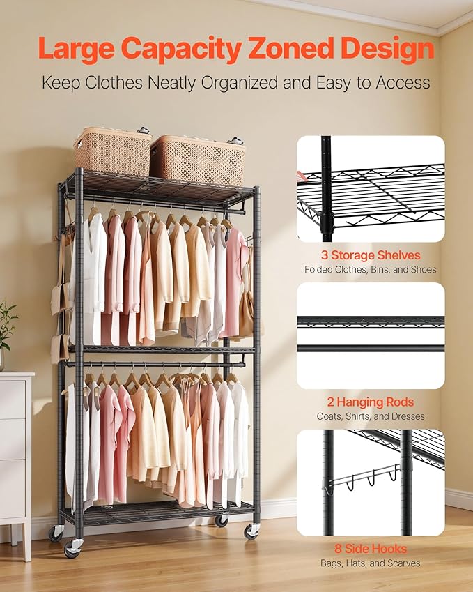 VEVOR Clothing Garment Rack, Heavy Duty Closet Wardrobe, Adjustable Tiers Clothes Racks with Steel Frame, for Bedroom, Clothing Store, Hallway