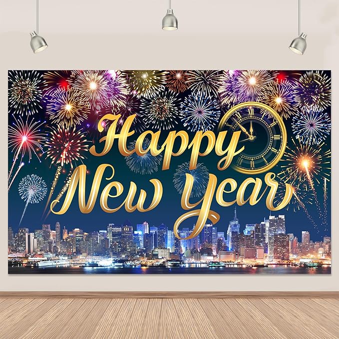 Gold Happy New Year Banner 2026 Colorful Fireworks Happy New Year Decorations Backdrop with Clock City Scene for 2026 Backdrop Family Gathering Party Supplies 5.9×3.6 Ft (Polyester)