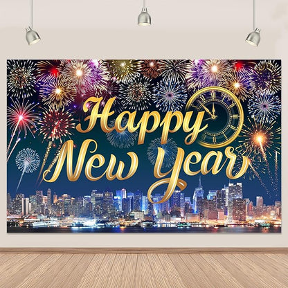 Gold Happy New Year Banner 2026 Colorful Fireworks Happy New Year Decorations Backdrop with Clock City Scene for 2026 Backdrop Family Gathering Party Supplies 5.9×3.6 Ft (Polyester)
