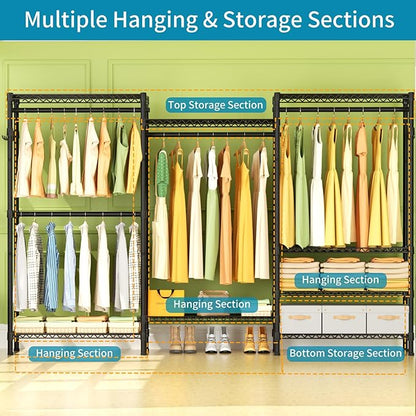 Heavy Duty Garment Rack Clothes Rack,Large Metal Closet Organizer System Storage Wardrobe,Freestanding Clothing Rack with 8 Adjustable Wire Shelves&4 Hang Rods,MaxLoad 800lbs