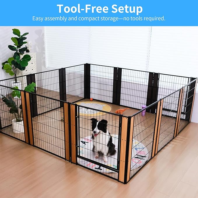 Heavy Duty Dog Playpen 32 Inch Height - Indoor Outdoor Pet Fence Enclosure for Medium and Small Dogs - Foldable Puppy Exercise Pen for Indoor and RV Camping or Yard (12 Panels, 35.4" H (Oak))