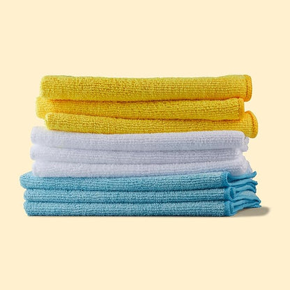 Amazon Basics Microfiber Cleaning Cloths for Cars, Non-Abrasive, Highly Absorbent, Lint and Scratch-Free, Reusable and Washable, 16" x 12", Blue/White/Yellow, 144-Pack