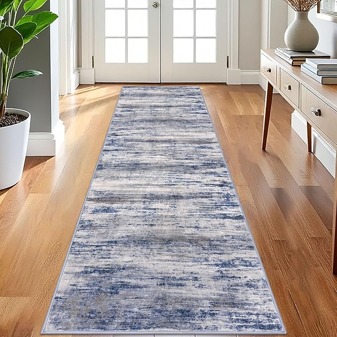 KOZYFLY 3x8 Area Rug Modern Ombre Area Rug for Bedroom, Washable Rug Non-Slip Soft Striped Living Room Rug, Print Grey-Blue Abstract Carpet for Laundry Nursery