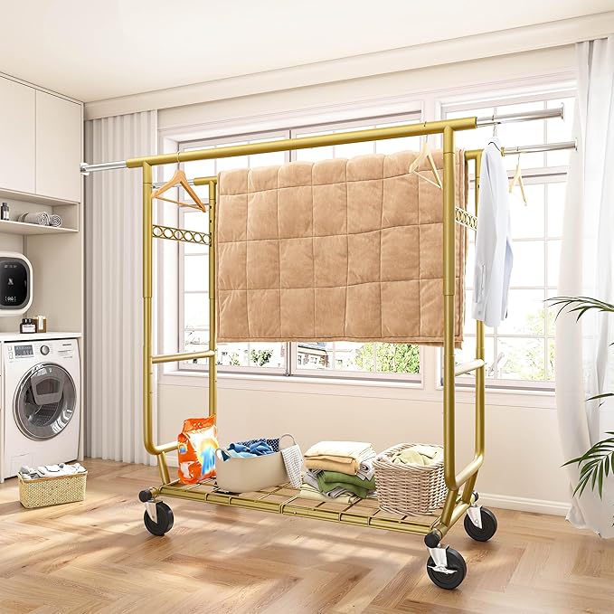 Raybee Clothes Rack Load 630LBS, Heavy Duty Clothes Rack, Rolling Clothing Racks for Hanging Clothes with Wheels, Adjustable & Commercial Garment Rack, 22" D x 75" W x 68" H, Gold