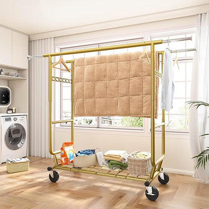 Raybee Clothes Rack Load 630LBS, Heavy Duty Clothes Rack, Rolling Clothing Racks for Hanging Clothes with Wheels, Adjustable & Commercial Garment Rack, 22" D x 75" W x 68" H, Gold