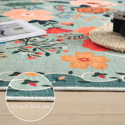 Rugcomf Door Mat Indoor Entrance 2x3 Rug Machine Washable Boho Floral Small Area Rug Non-Slip Low Pile Throw Rugs for Entryway, Kitchen, Front Door Indoor Entrance, Entry, Kids Room (Green)