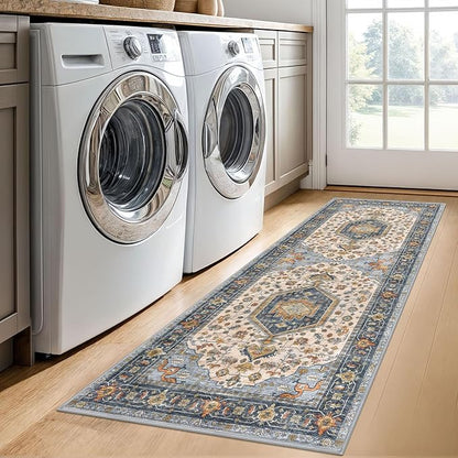 KUTA Runners for Hallways 2x6 Ivory Blue, Vintage Floral Kitchen Rugs Non-Slip Washable Runner Ultra Soft Printed Retro Flower Carpet Entryway Rug for Bedroom Laundry Nursery Entryways