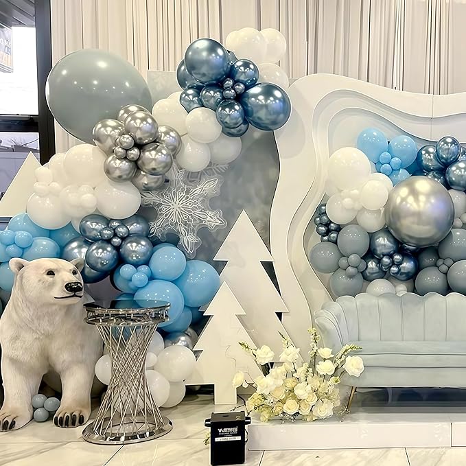 60 Pcs Baby Blue and Silver Balloons, 12 Inch Light Blue Dusty Pale Blue White Latex Balloons with Chrome Metallic Silver Party Balloons for Boys Baby Shower Baptism Winter Birthday Party Decorations