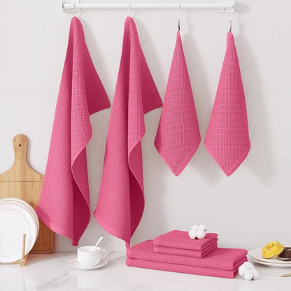 Homaxy 100% Cotton Kitchen Towels and Dishcloths Set, 12 x 12 Inches and 13 x 28 Inches, Set of 10 Bulk Kitchen Towels Set, Ultra Soft Absorbent Dish Cloths for Washing Dishes, Hot Pink