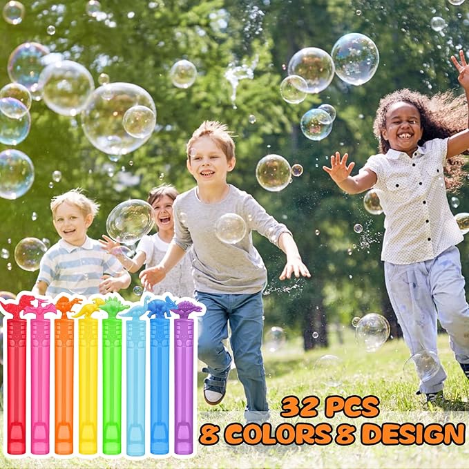 32 Pack Bubble for Kids Party Favors, 8 Style Mini Bubble Wands with Gift Box, Dinosaur Toys Bulk for Carnival Prizes Goodie Bag Stuffers Supplies, Birthday Bath Time Bubbles Blower Toy for Girl Boy
