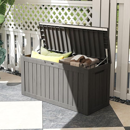 80 Gallon Outdoor Storage Box Waterproof, Resin Deck Boxes with Lockable Lid & UV-Resistant for Patio, Pool, Garden Furniture Cushions & Accessories, Coffee