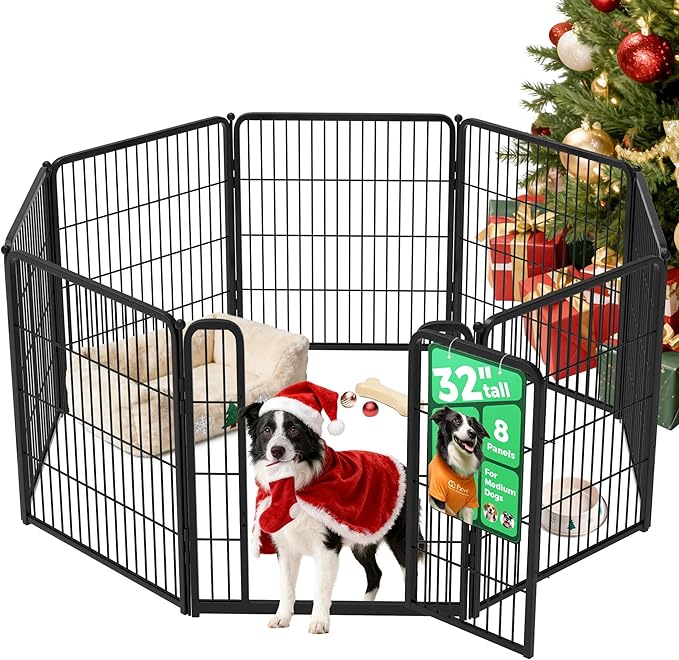FXW Homeplus Unleashed Indoor Dog Playpen - Stress-Free and Safe Play, Heavy Duty 32 Inch 8 Panels Dog Pen for Small and Medium Dogs, Black│Patented