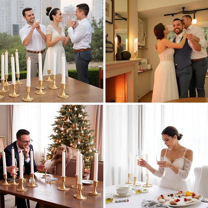 Candlestick Holders Taper Candle Holder 6Pcs Brass Gold Metal Vintage Short Stick Holders Set for Home Dinning Table Wedding Centerpiece Holiday Party Chrismas Mantel Holiday Dinner Base Widening