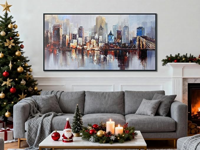 Arjun Brooklyn Bridge Wall Art Modern New York Abstract Canvas Cityscape Painting NYC Skyline Textured Picture for Living Room Bedroom Home Office Wall Decor Extra Large Size Black Wood Framed 58"x29"
