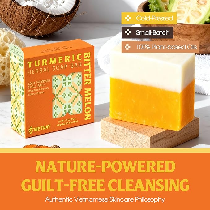 Turmeric & Bitter Melon 2-in-1 Luxurious Natural Soap Bar (4.2 oz) | Refreshing Cleanse for Sweat, Oil & Buildup | Cooling Lemongrass Peppermint | Cold Process | Handmade in Vietnam