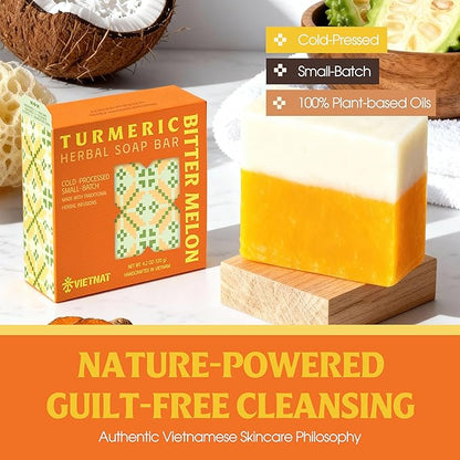Turmeric & Bitter Melon 2-in-1 Luxurious Natural Soap Bar (Pack of 5) | Refreshing Cleanse for Sweat, Oil & Buildup | Cooling Lemongrass Peppermint | Cold Process | Handmade in Vietnam