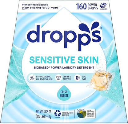 Dropps Sensitive Skin Laundry Detergent Pods, Crisp Breeze (160 Count) - Dermatologist Tested Laundry Pods - HE Compatible Laundry Supplies for Clean Clothes, Vegan & Dye-Free