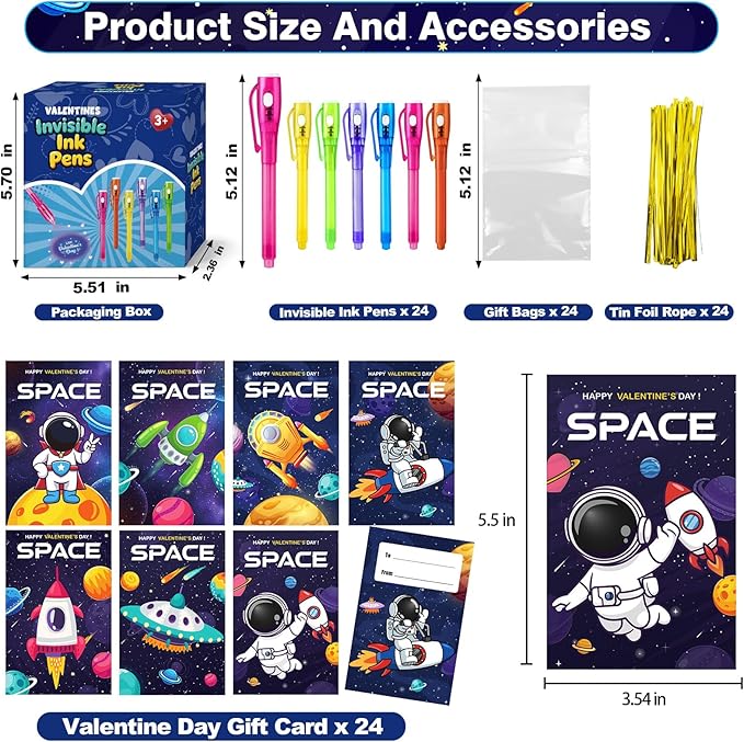 24 Pcs SInvisible Ink Pens with UV Light, Astronaut themed gift card & Goodie Bags,Valentine's Day Gifts, Detective Party Favors, Classroom Prizes, Escape Room Activities.