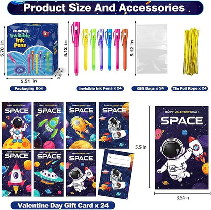 24 Pcs SInvisible Ink Pens with UV Light, Astronaut themed gift card & Goodie Bags,Valentine's Day Gifts, Detective Party Favors, Classroom Prizes, Escape Room Activities.