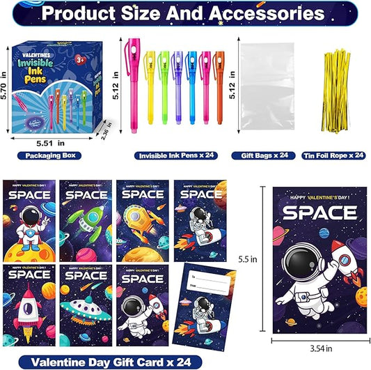 24 Pcs SInvisible Ink Pens with UV Light, Astronaut themed gift card & Goodie Bags,Valentine's Day Gifts, Detective Party Favors, Classroom Prizes, Escape Room Activities.