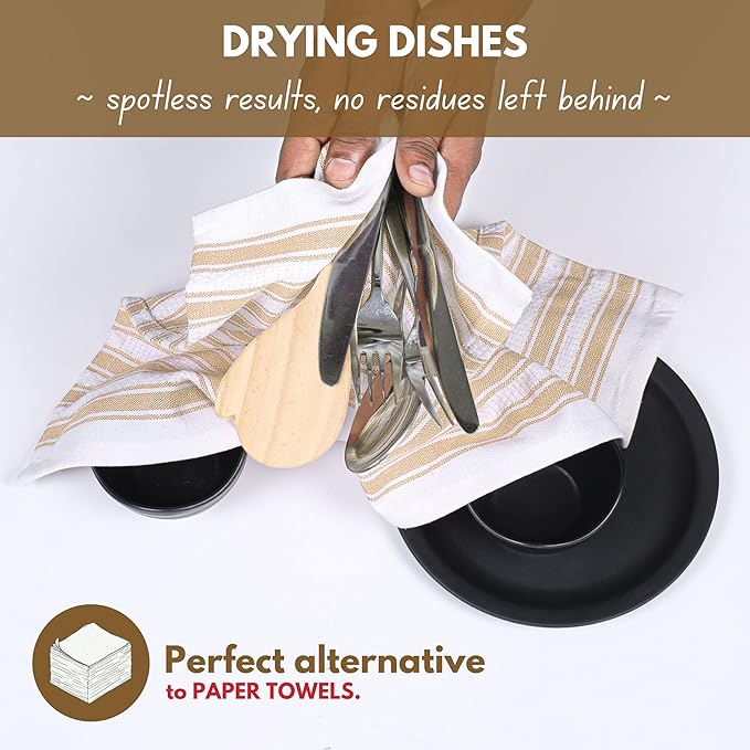 Native Fab 100% Cotton Beige Kitchen Towels - 16x26 inches - Set of 12 - Basket Weave Stripe Dish Towels for Cleaning, Drying Dishes, Absorbent Dish Cloths Set with Hanging Loop - Beige White