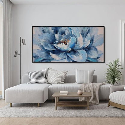 XLSJERST Large Flower Canvas Wall Art for Living Room - Blue and White Flower Picture Print Painting Wall Decor Framed Artwork Ready to Hang for Home Bedroom Wall Decoration Size 58x29