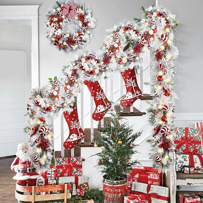 WANNA-CUL Pre-Lit 30 Inch Large Lighted Christmas Wreath for Front Door with 50 Led Lights, Red White Lighted Christmas Door Wreath Decor with Ball Ornaments, Candy Canes, Battery Operated