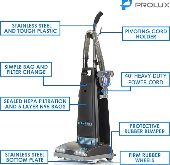 Prolux 8000 Commercial Upright Vacuum with On Board Tools, Bagged Vacuum Cleaner, Commercial Vacuum, HEPA Filter, Floor Selector Switch, 12-Amp Amtek Motor, 107 CFM Suction Power