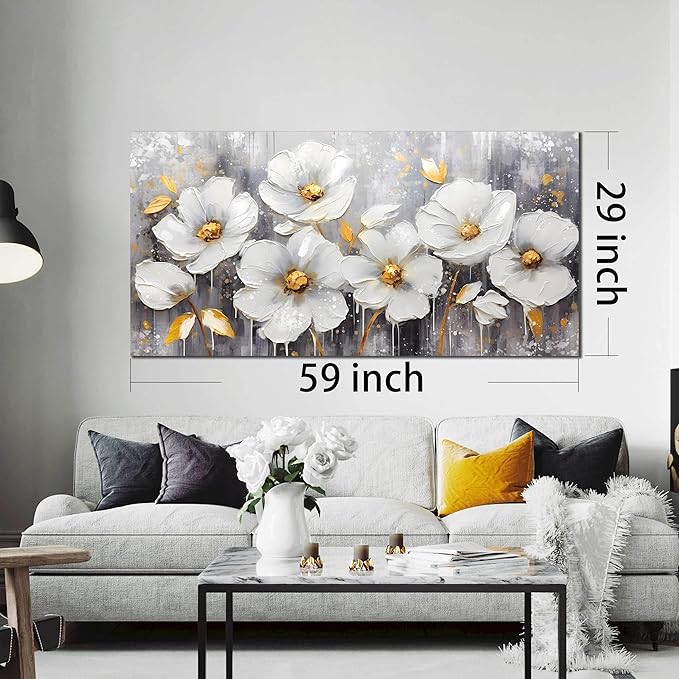 CIRABKY White Canvas Wall-Art - Flower Pictures Wall Decor - Large Wall Art for Living Room Ready to Hang Size 29" x 59"