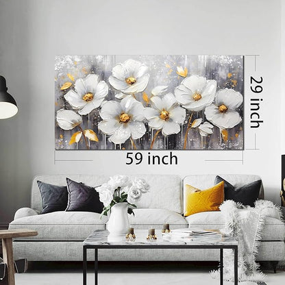 CIRABKY White Canvas Wall-Art - Flower Pictures Wall Decor - Large Wall Art for Living Room Ready to Hang Size 29" x 59"