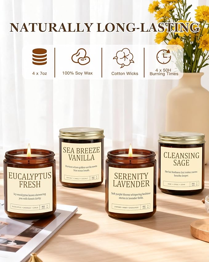 4 Pack Scented Candles for Home Scented: 28oz Soy Candles for Women, Up to 200H Burning, Aromatherapy Candle Set, Jar Candle Gift Set for Birthday Christmas, Scents of Sage/Vanilla/Lavender/Eucalyptus