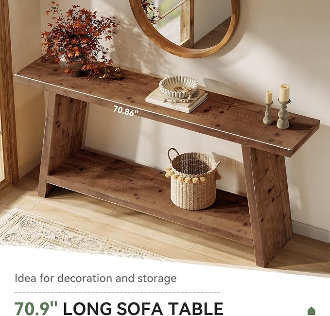 70.9'' Solid Wood Console Table, Narrow Long Sofa Table Behind Couch with 2-Tier Storage, Farmhouse Entryway Table for Living Room, Hallway, Foyer, Brown
