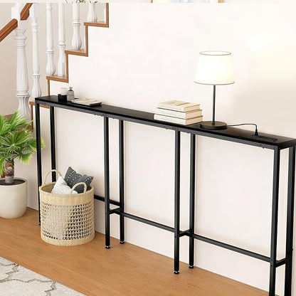 70" Narrow Console Sofa Table with Power Outlets & 2 USB Ports, L Shaped Behind Couch Table Skinny, 3 Assembly Options Entryway Tables with Charging Station for Living Room, Hallway, Black, 70IN